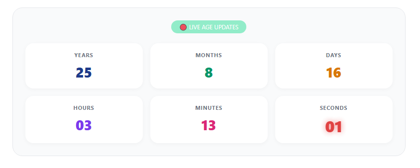 Live Age Calculator Result in Years Months Days Hours Minutes Seconds